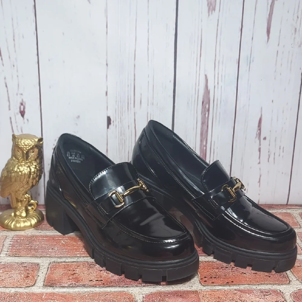 Dream Pairs Black Vegan Patent Leather Platform Loafers Chunky Lug Sole 8.5 7.5‎